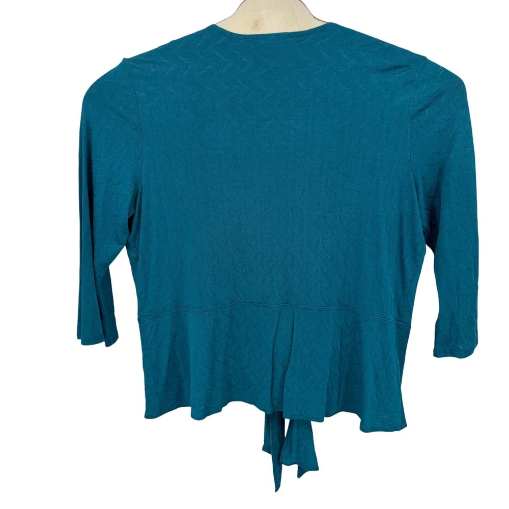 Chicos  XL Womens Cardigan Size 3 Teal Textured Tie Front 3/4 Sleeve Jewel tone